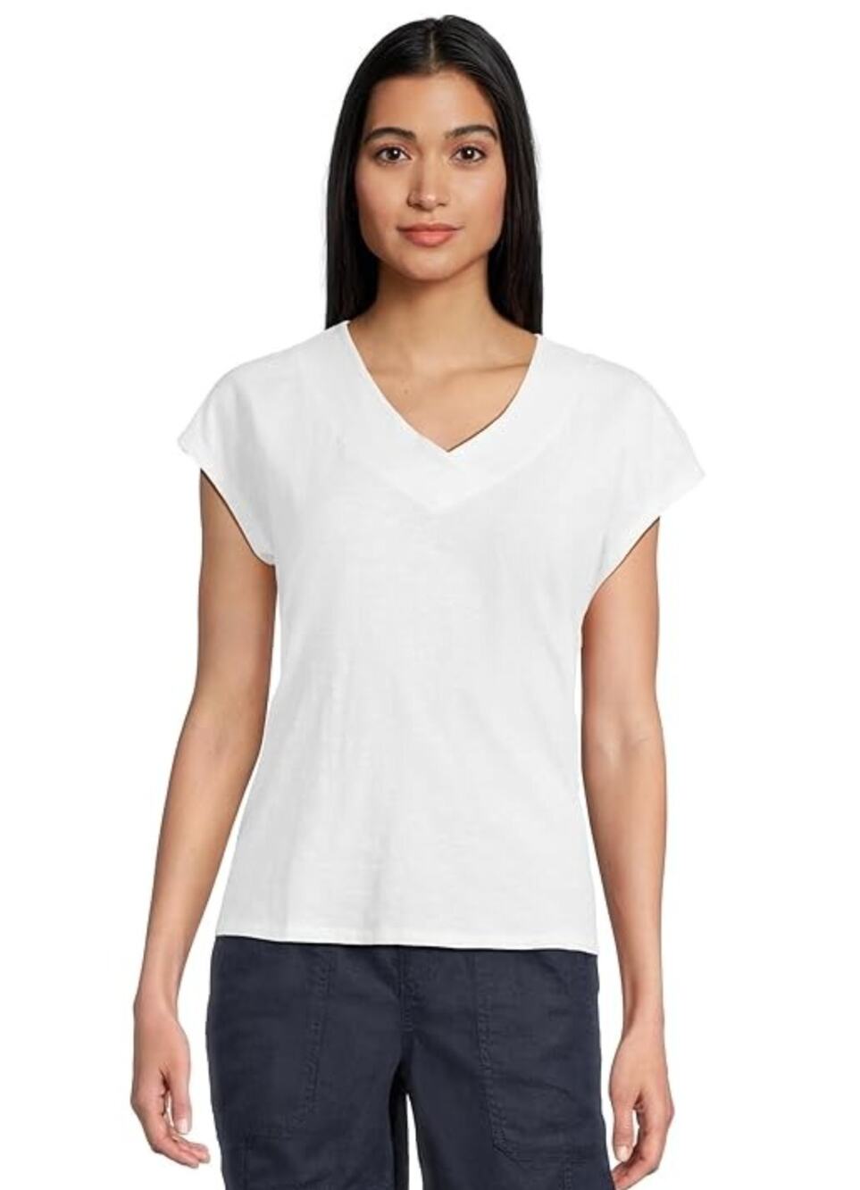 L.L BEAN Women's Organic Cotton V-Neck Cap-Sleeve Tee Large Reg White NWT